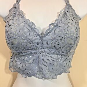 Maurices Light Baby Blue Allover Lace Bralette Strappy Back Plunge Large Women’s